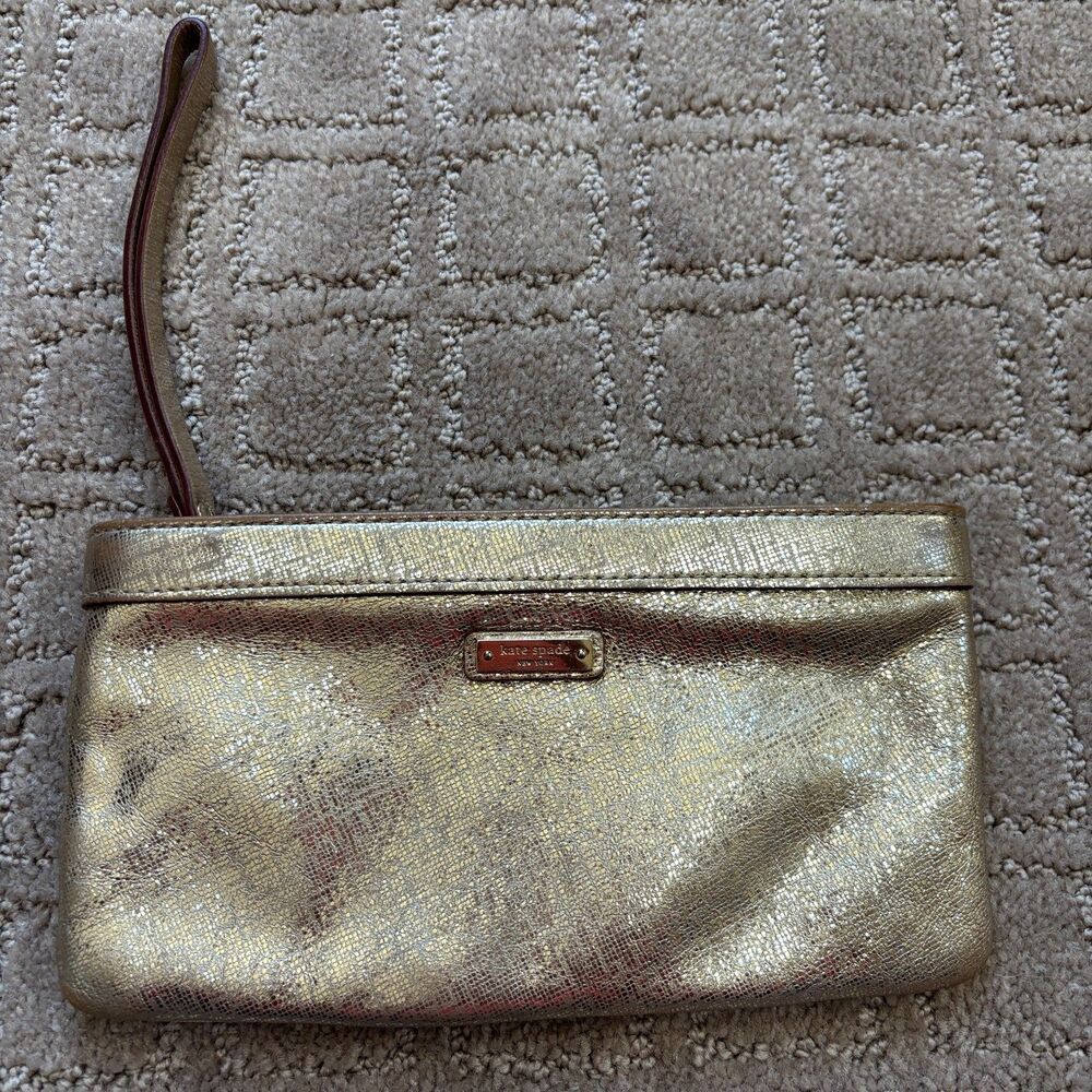 Kate Spade Wristlet Clutch Bag Purse Women's Gold Metallic Zipper Holiday Party